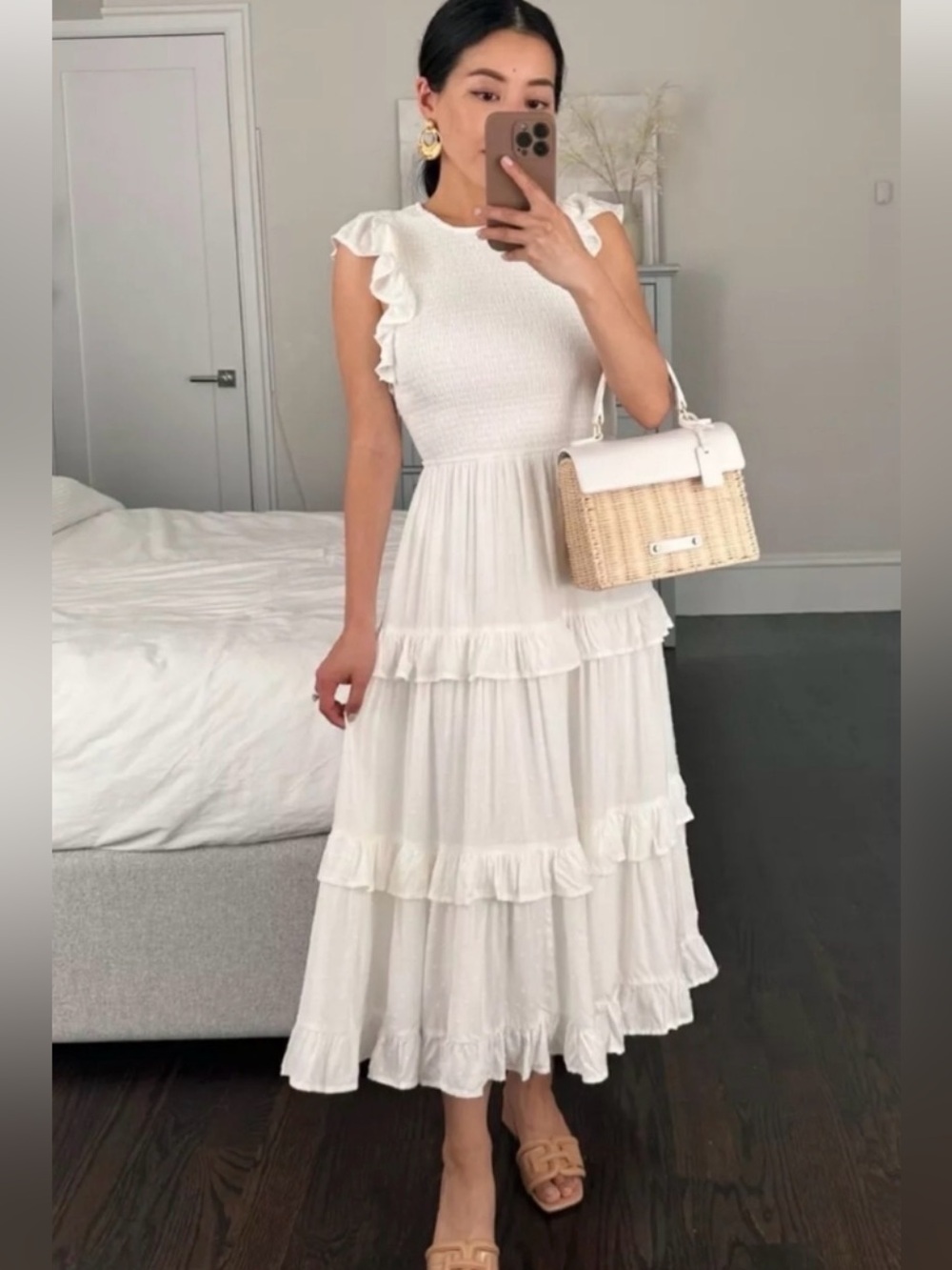 AQUA White Swiss Dot Smocked Tiered Ruffle Midi Dress Women’s Size S Boho - Picture 3 of 16